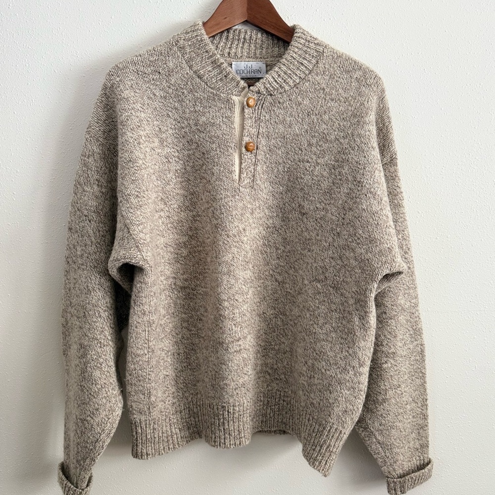 Vintage 80s J.J. Cochran Wool Henley Sweater Oatmeal Chunky Knit L